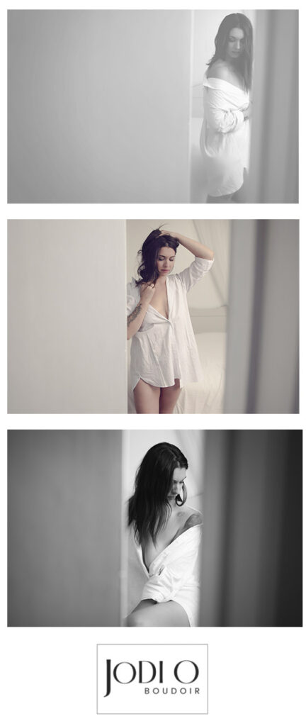Calgary Boudoir photo of woman in soft white dress shirt.