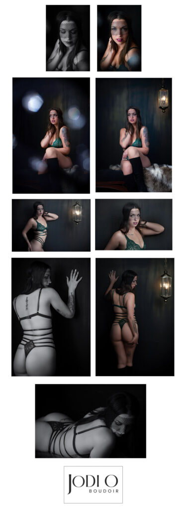 Dark and moody photos of a woman in mysterious moody lighting and gold flecks.