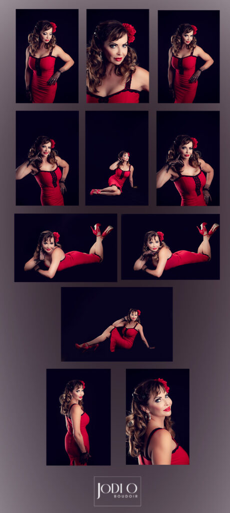 Dark background set off with contrast the woman in red for her Pin-up themed Boudoir photoshoot in Calgary