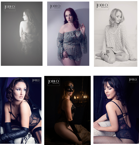 A collage of six boudoir portraits featuring women posing in lingerie or sheer clothing, with soft lighting and elegant, intimate settings. Each image has the "Jodi O Studios" logo in the corner. - Jodi O Photography