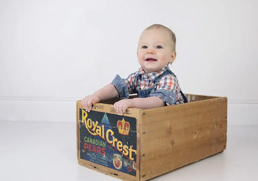 A smiling baby wearing a plaid shirt sits inside a wooden crate labeled "Royal Crest Canadian Pears" against a plain white background. - Jodi O Photography