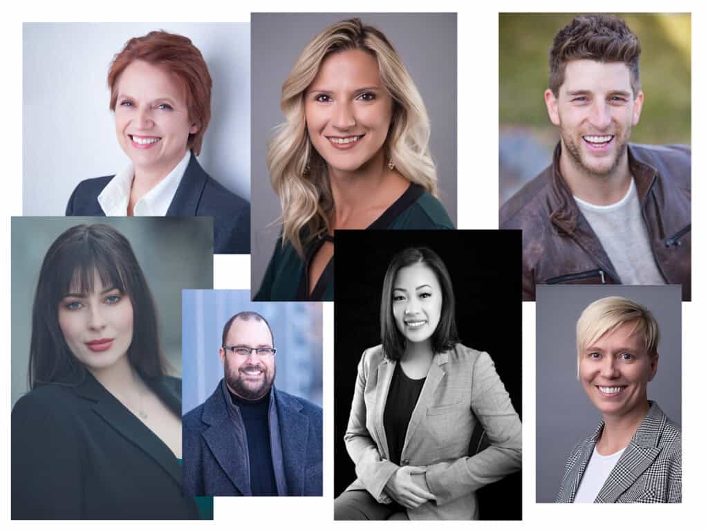 A collage of seven professionally dressed people, each smiling and posing for individual headshots by the Best Calgary Headshot Photographer, set against various plain and outdoor backgrounds. - Jodi O Photography