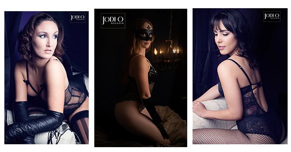 Three women in black lingerie pose individually in dramatic lighting; the first looks over her shoulder, the second wears a mask and lace, and the third sits sideways with wavy hair. Calgary Boudoir Photographer Jodi O Studio logo appears on each image. - Jodi O Photography