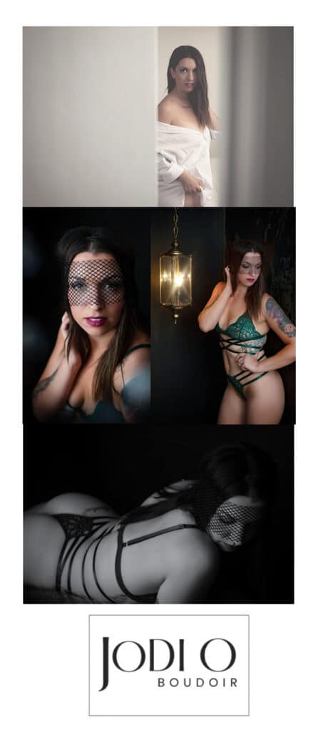 A collage of four boudoir photos featuring a woman in various poses and lingerie, with some images showing her wearing a mesh veil. The bottom of the collage displays the logo "Jodi O Boudoir. - Jodi O Photography