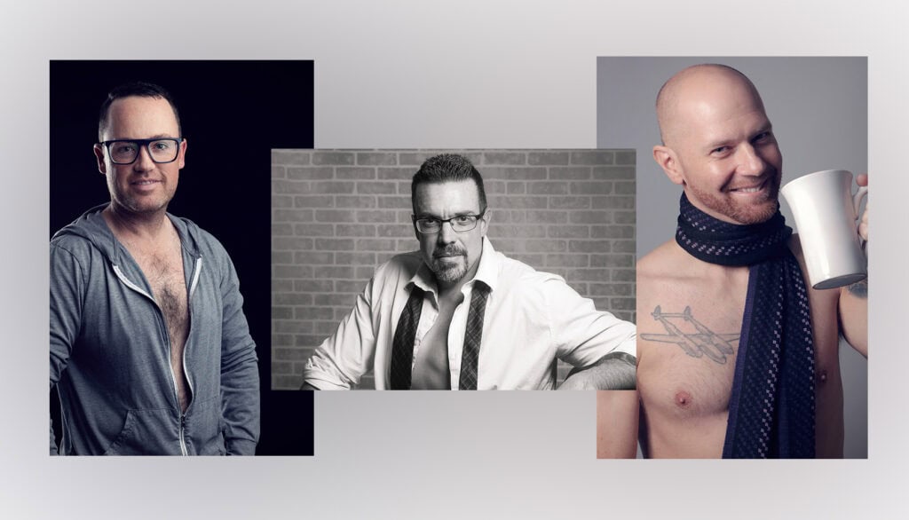 Three men are pictured: one in a partially unzipped hoodie and glasses, another in black and white with a loosened tie, and a third man, bald and smiling with a scarf, holding a white mug—capturing candid moments of men's boudoir in Calgary. - Jodi O Photography