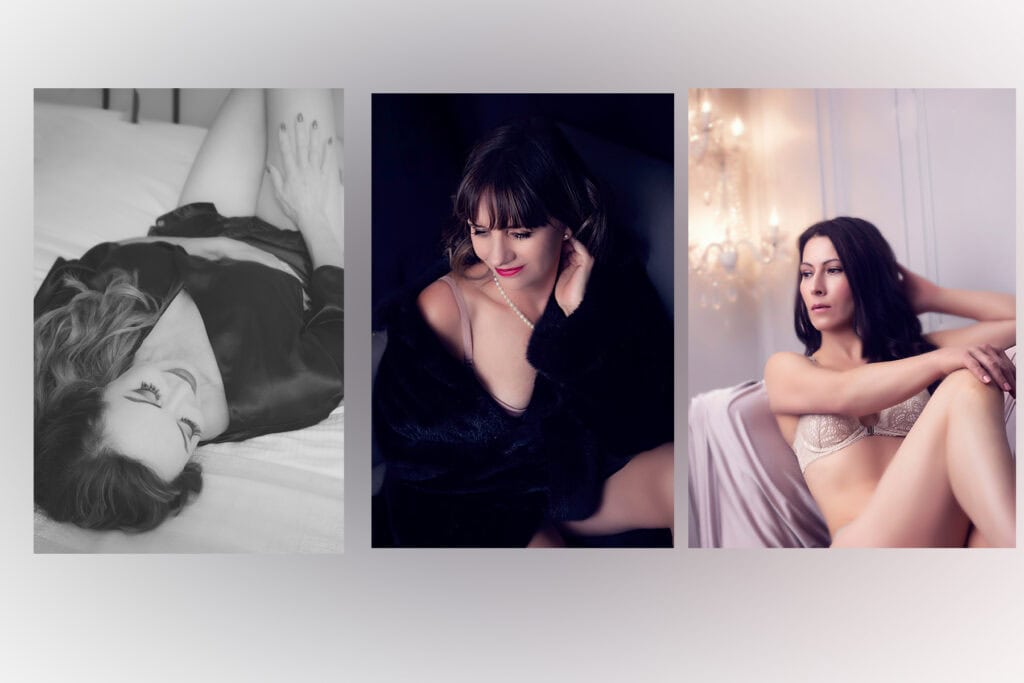 A collage of three portraits featuring women in lingerie and robes, posing confidently on beds or sofas in softly lit, elegant settings. Perfect for celebrating a milestone or birthday by Calgary Boudoir Photographer. The first image is black and white; the others are in color. - Jodi O Photography